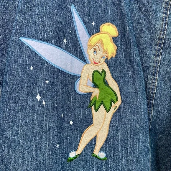 Disney Tinker Bell medium wash rustic button embroidered denim jacket cotton L - Picture 6 of 7